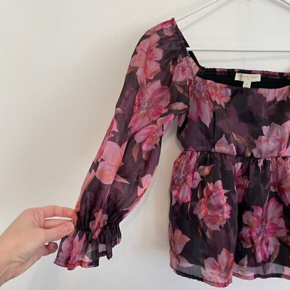 THIRTY THIRTY LA Plum Purple Pink Floral Shiny Square Neck 3/4 Sleeve Blouse S - Picture 8 of 14